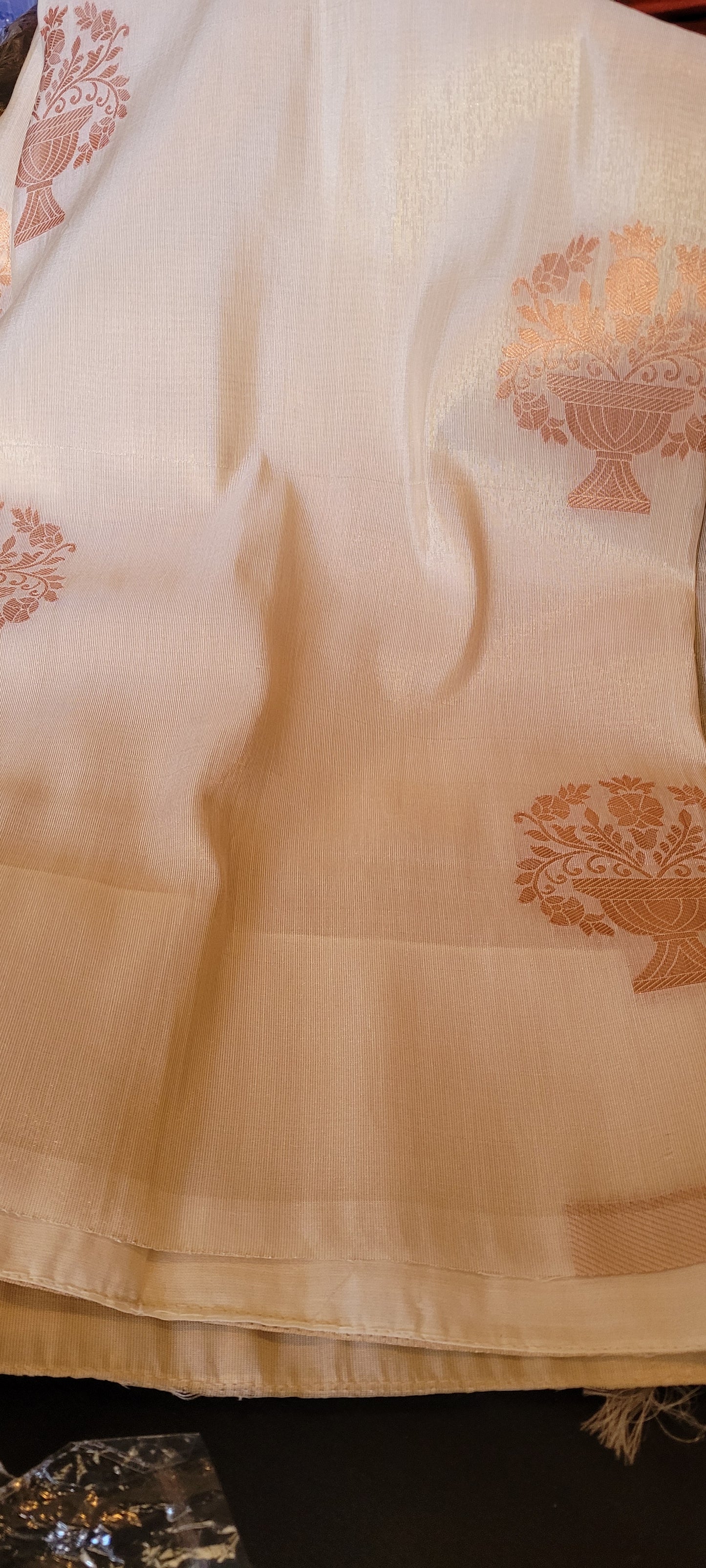 Golden semi tissue saree with copper zari work