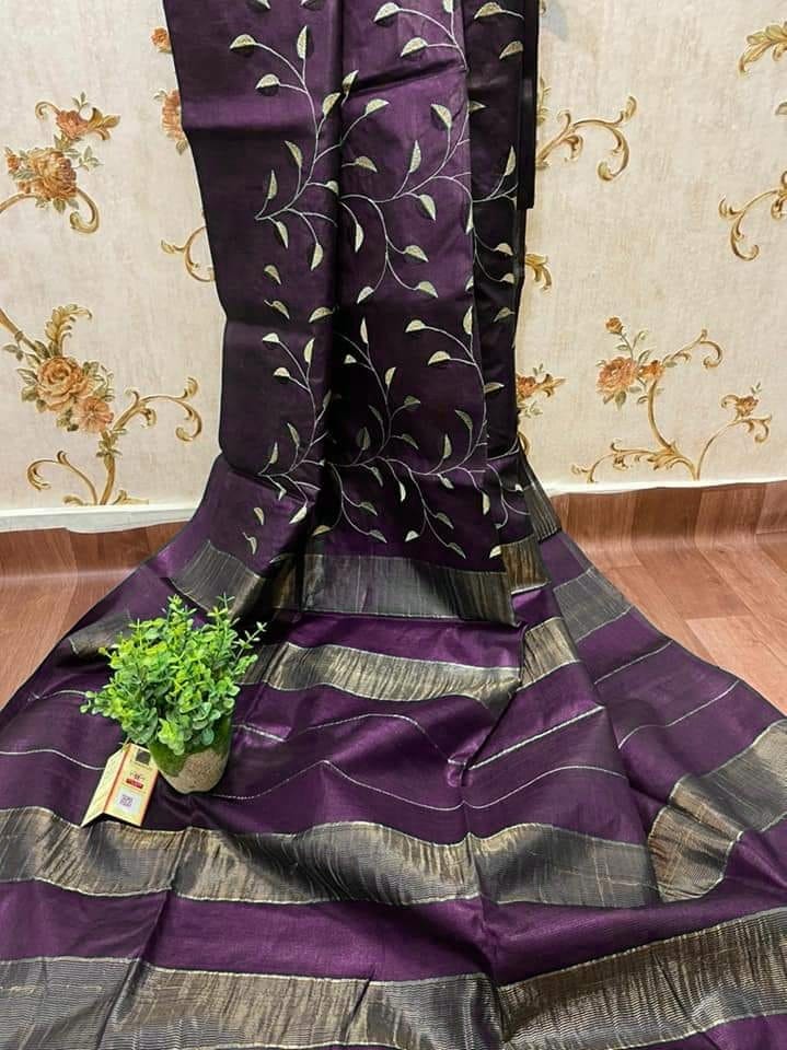 Semi tussar saree with embroidery work
