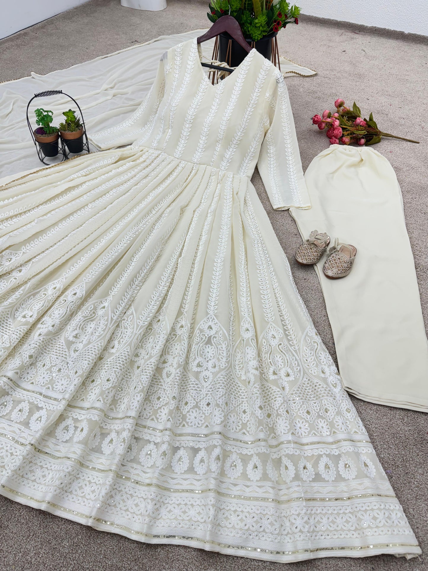 White anarkali suit set