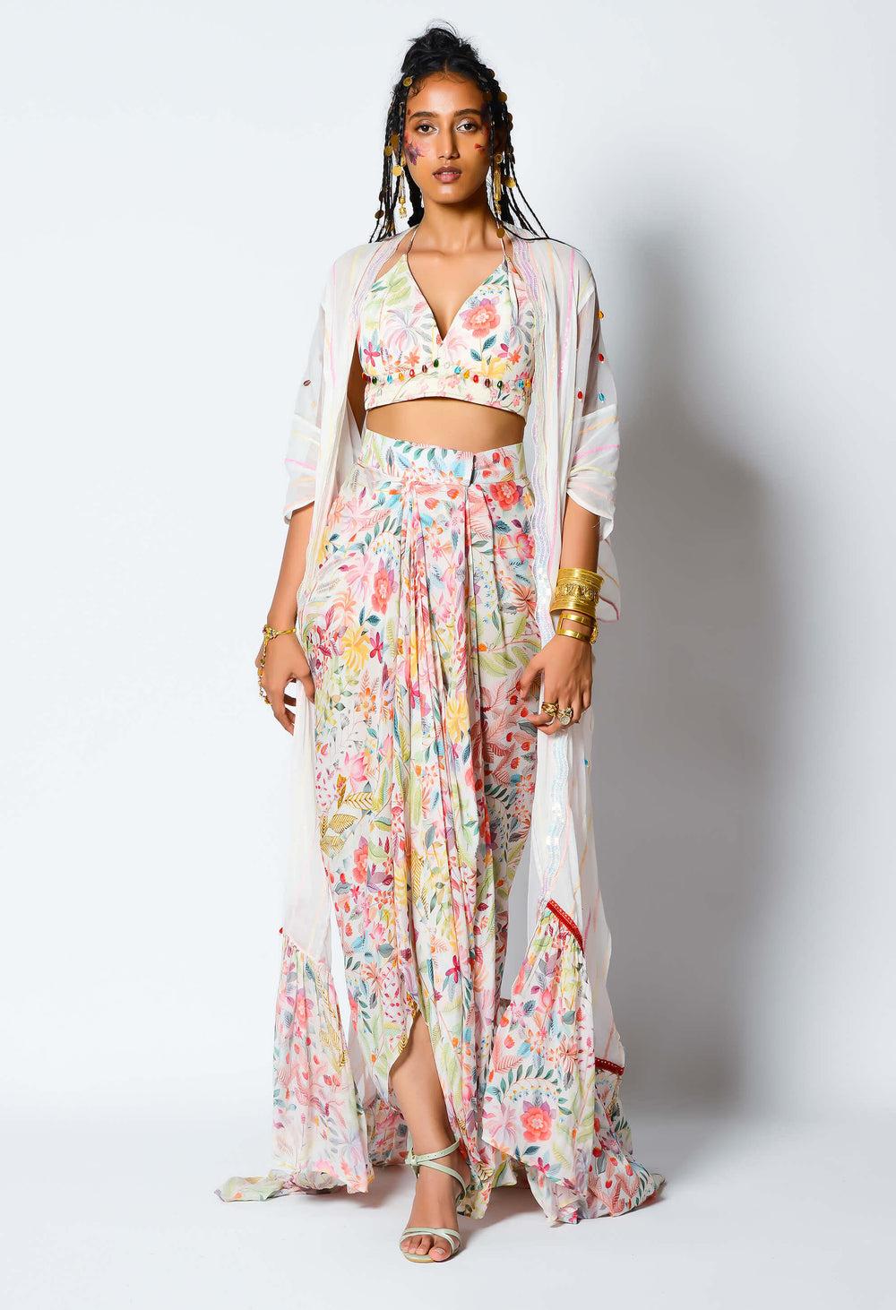 Trending Fancy collection White Dhupion Dhoti Cape Set for any function.