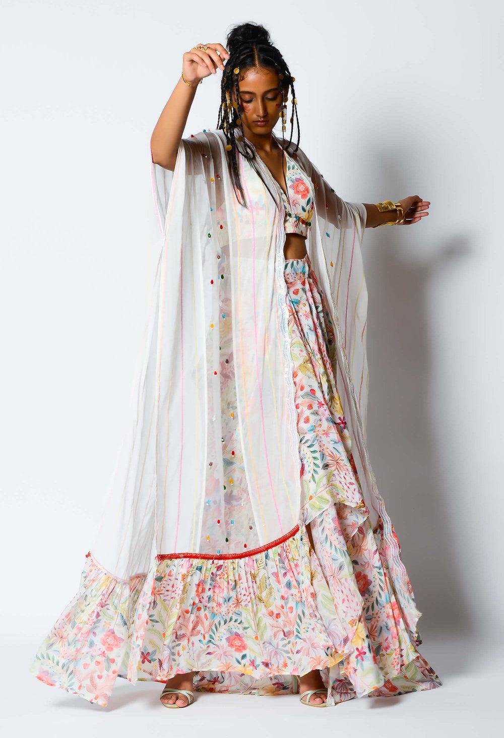 Trending Fancy collection White Dhupion Dhoti Cape Set for any function.