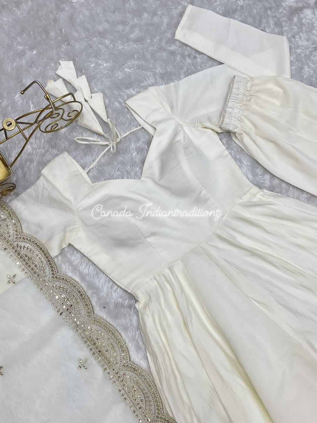 White anarkali suit with zari work dupatta 3 piece set