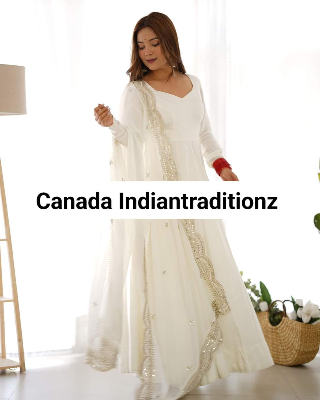 White anarkali suit with zari work dupatta 3 piece set