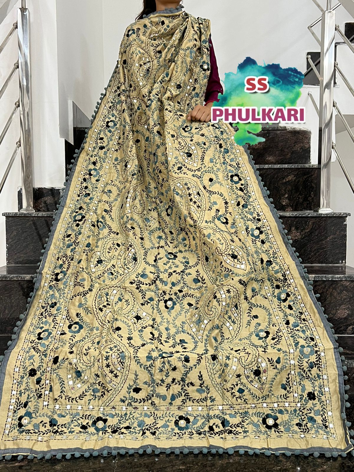 Beautiful Handwork Dupatta with pom pom phulkari style