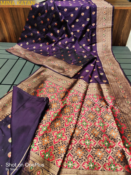 Semi muga katan saree with minakari work