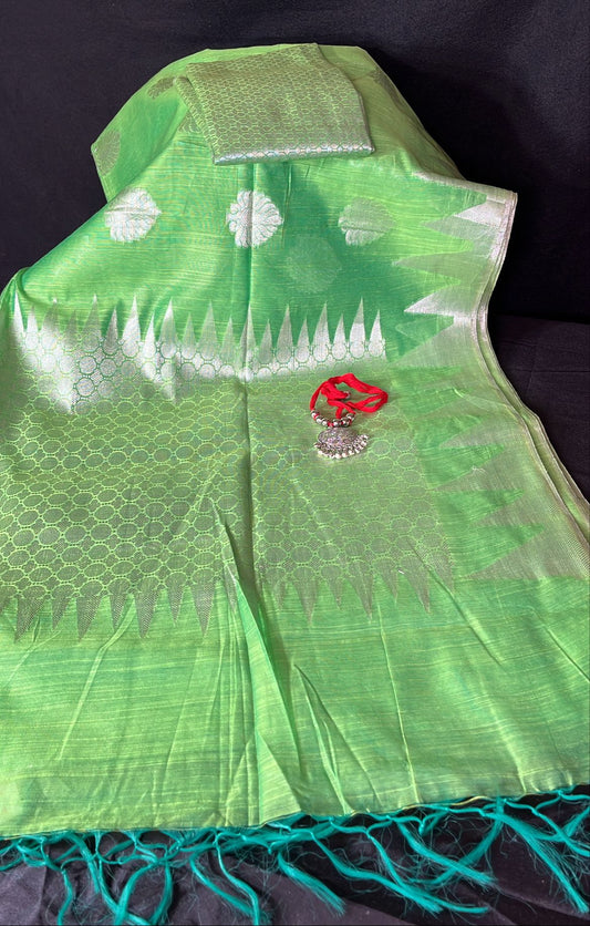 Tissue linen saree parrot green colour