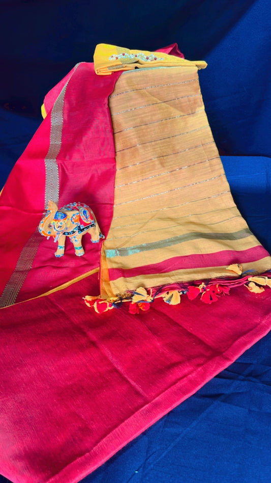Handloom cotton silk saree red and yellow