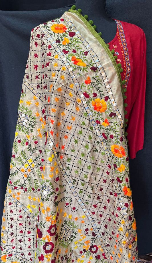 Beautiful Handwork Dupatta with pom pom phulkari style