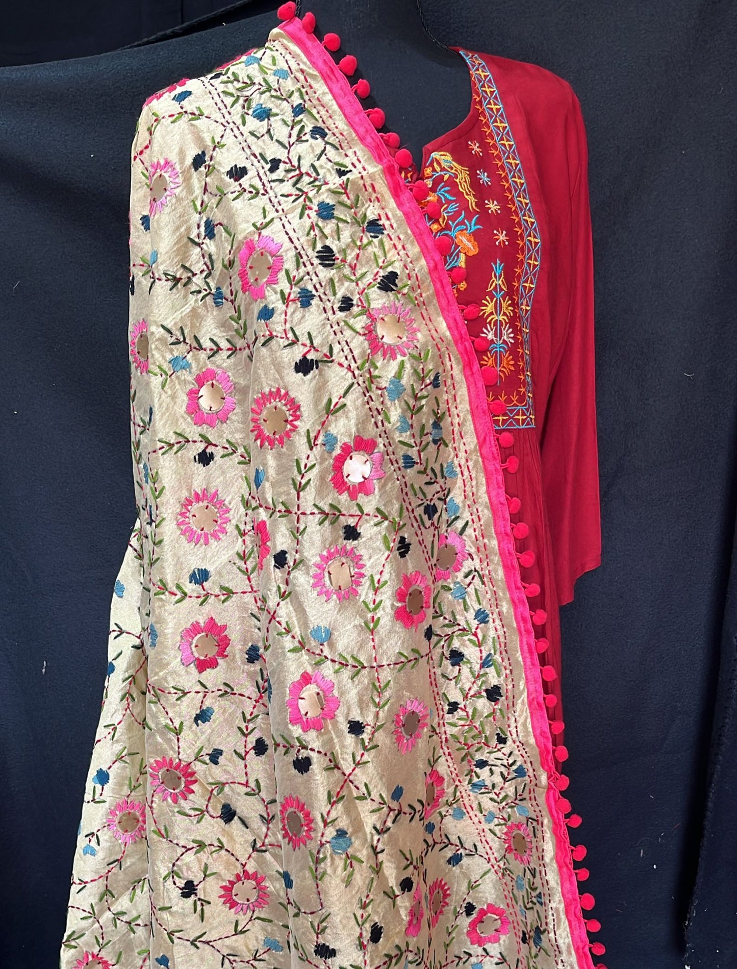 Beautiful Handwork Dupatta with pom pom phulkari style