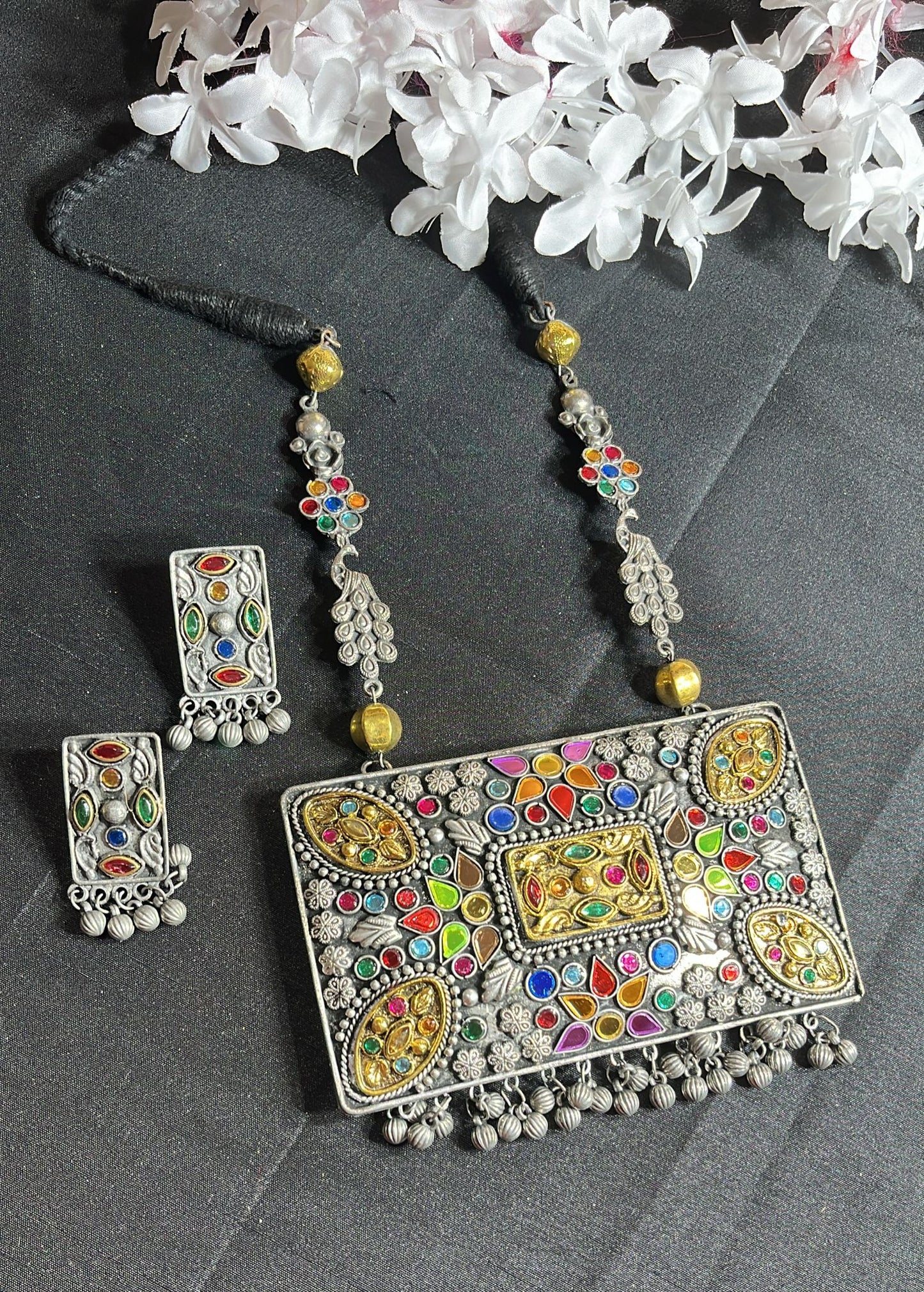 Multi colour studded oxidized set