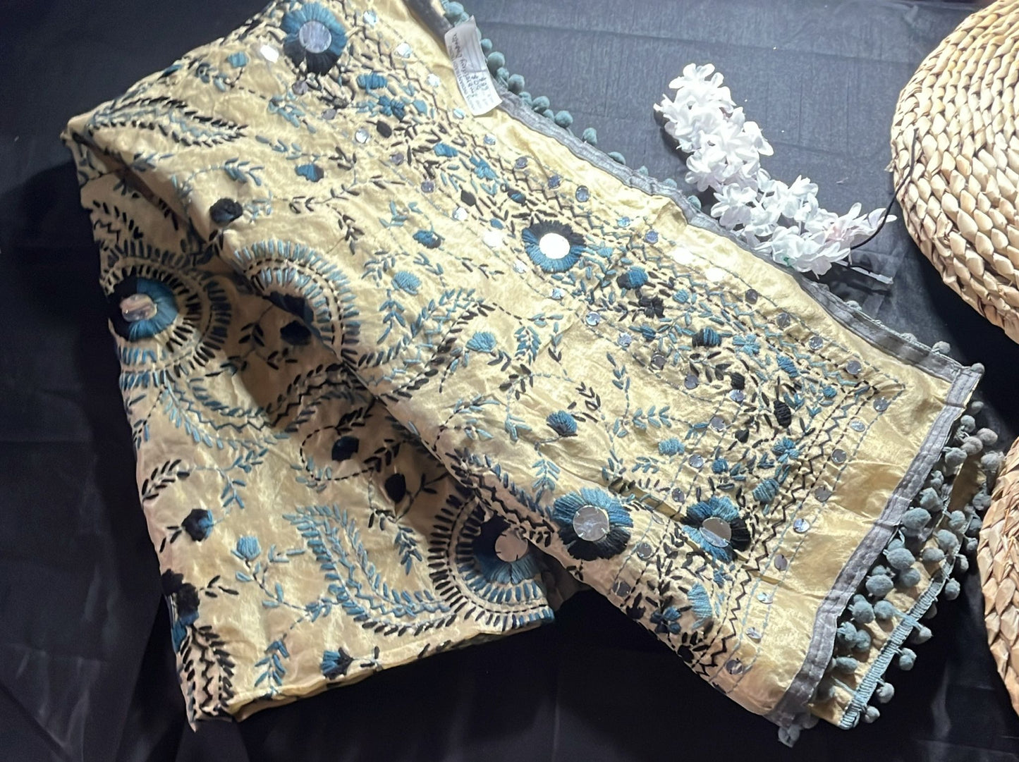 Beautiful Handwork Dupatta with pom pom phulkari style