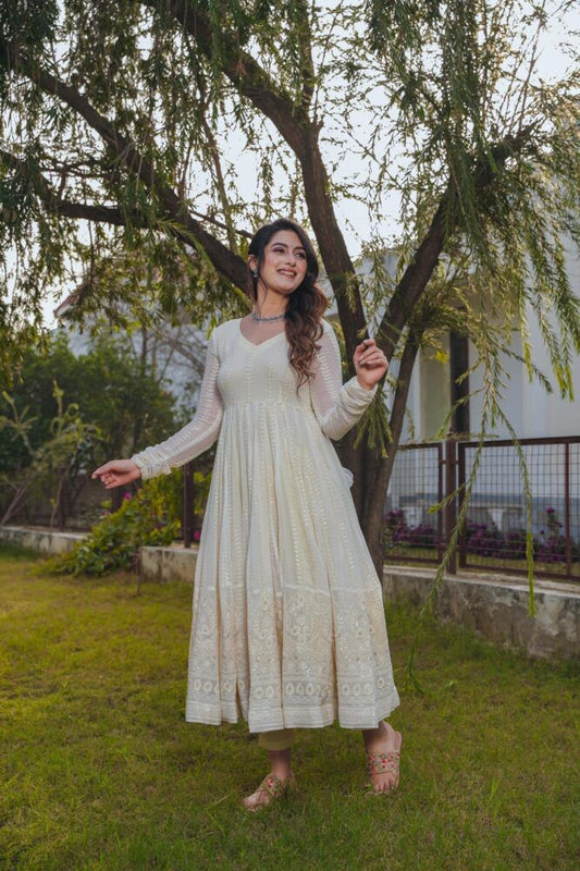 White anarkali suit set