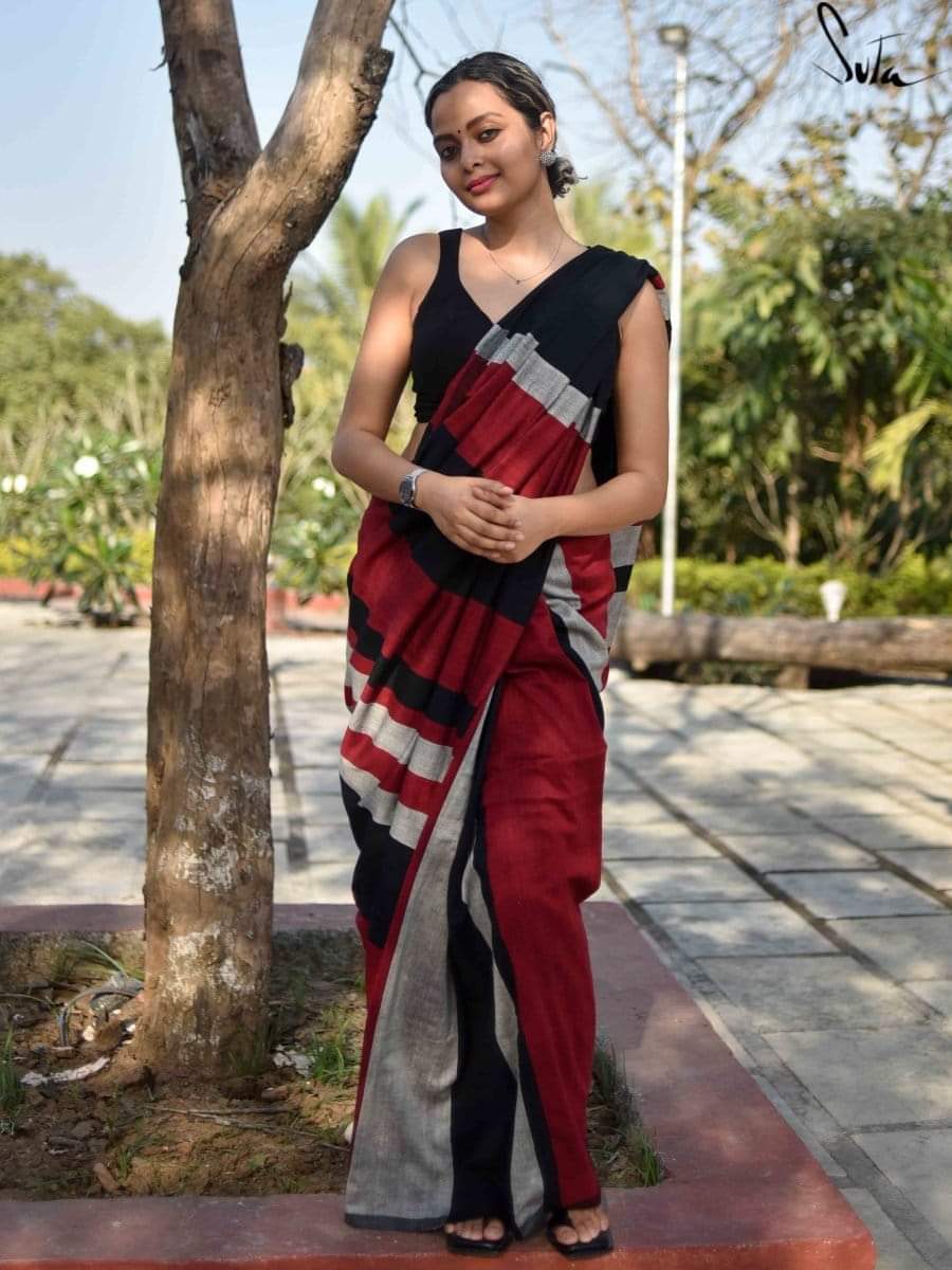 Khadi cotton saree with multi layers