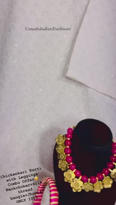 WHITE CHIKENKARI KURTI WITH LEGGINGS COMBO OFFER